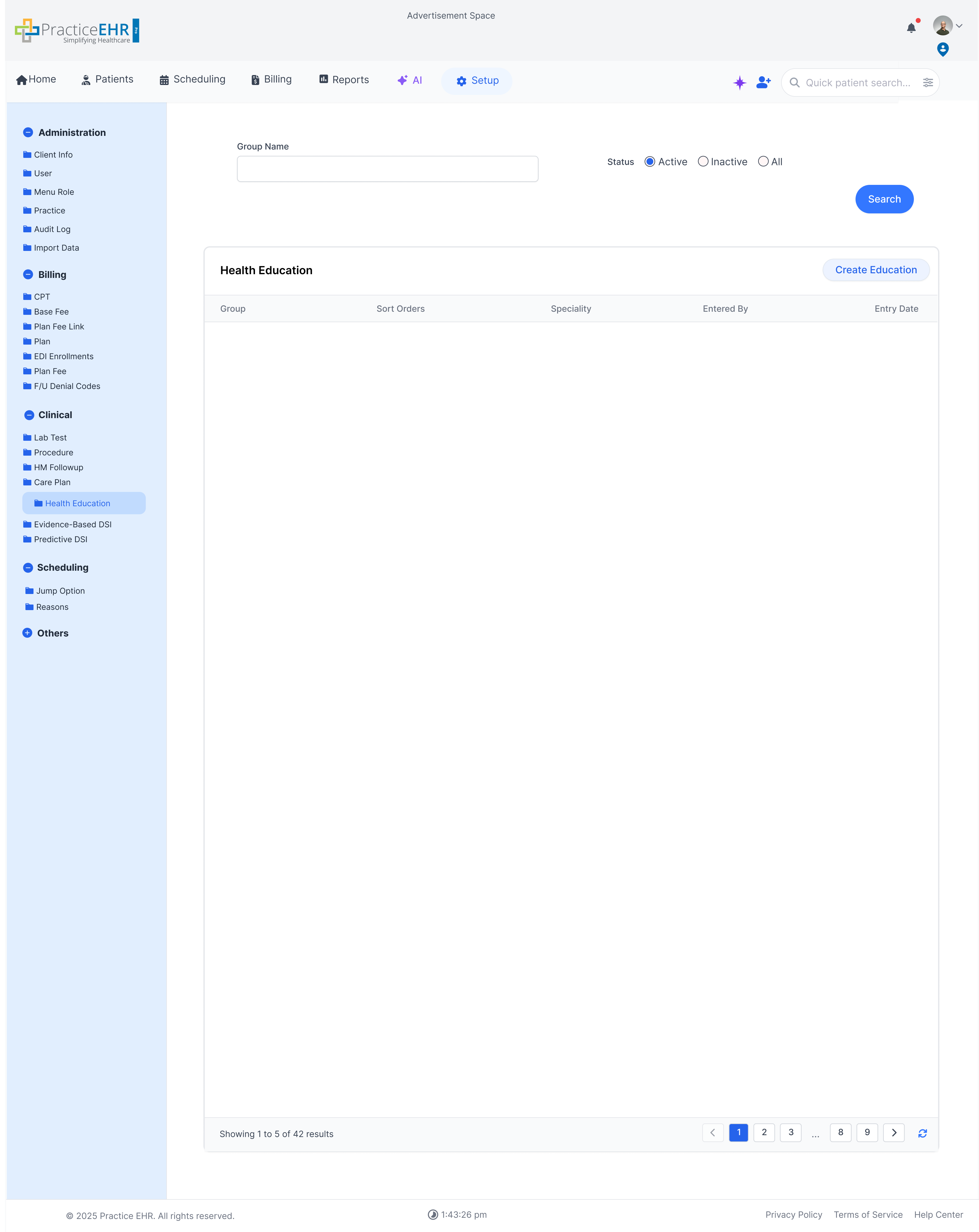 Health Education management screen